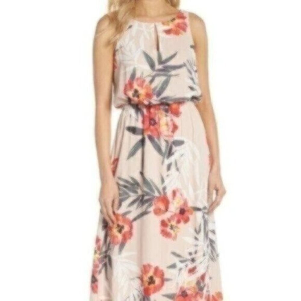 NWT ADRIANNA PAPELL Tropical Breeze Print Maxi Dress In Light Pink Multi